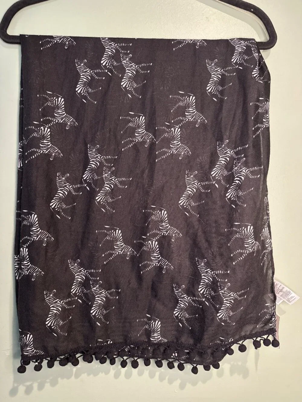 Old Navy Zebra Print Scarf Wrap One Size Black White Pom Pom Trim NWT Novelty